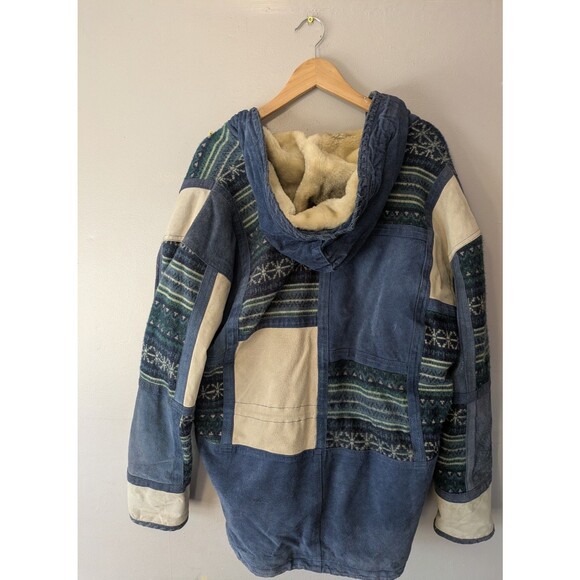 BB DAKOTA Leather Jacket RARE, Blue, White patchwork, southwest, fleece lined, L - Picture 2 of 10